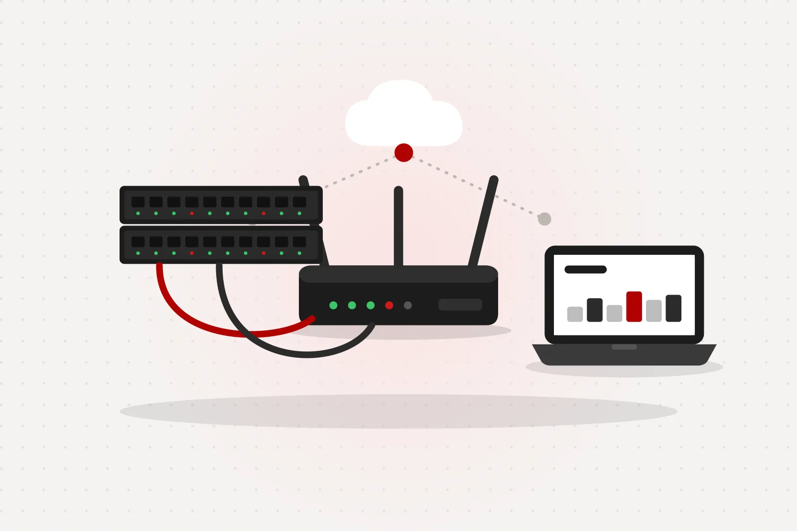 Illustration of a router, network switches, cables and a laptop
