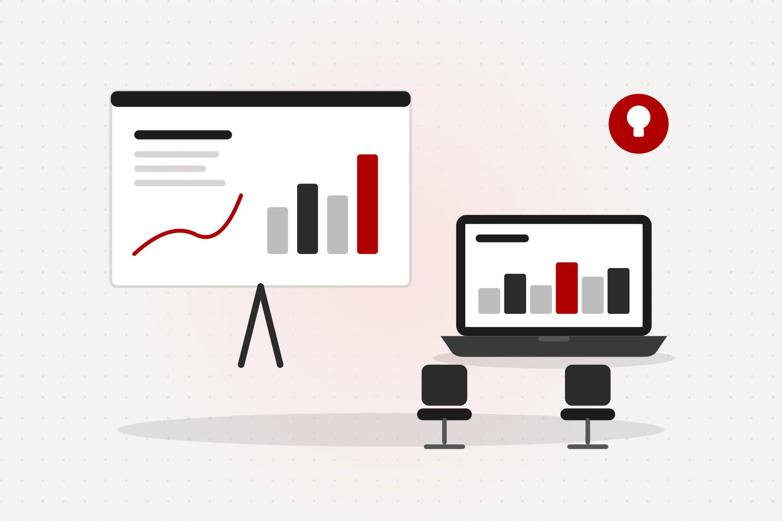 Illustration of a presentation screen, a laptop and chairs