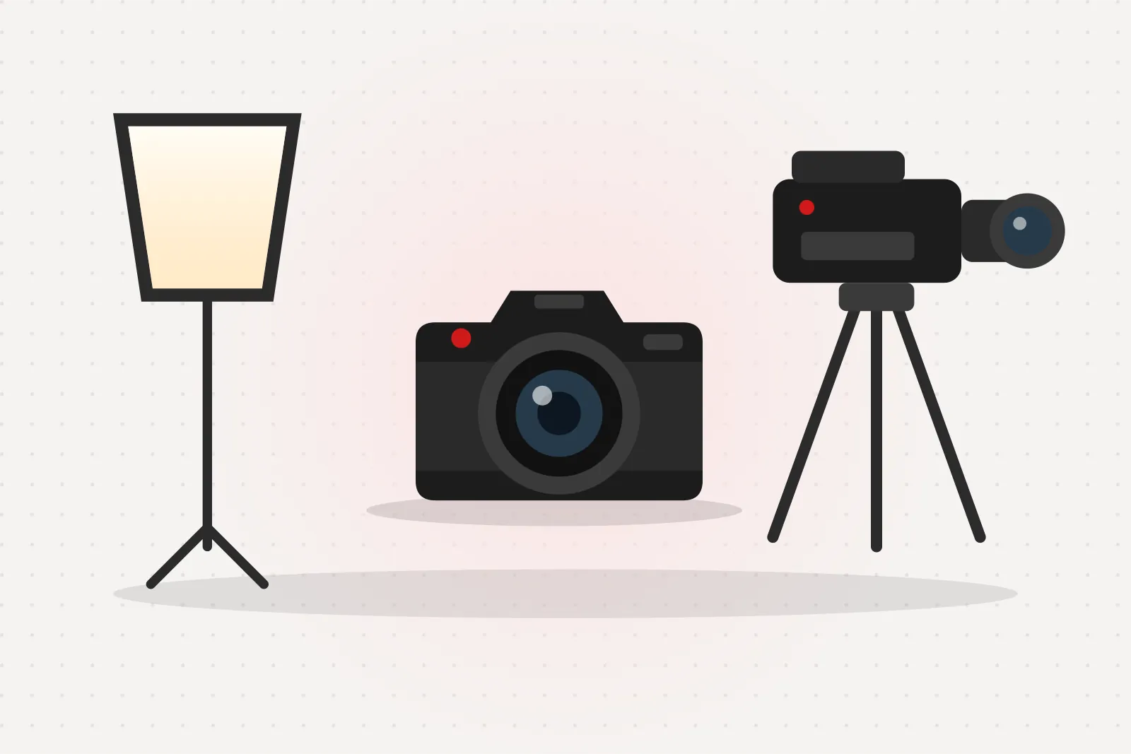 Illustration of a camera, a video camera on a tripod and a studio light