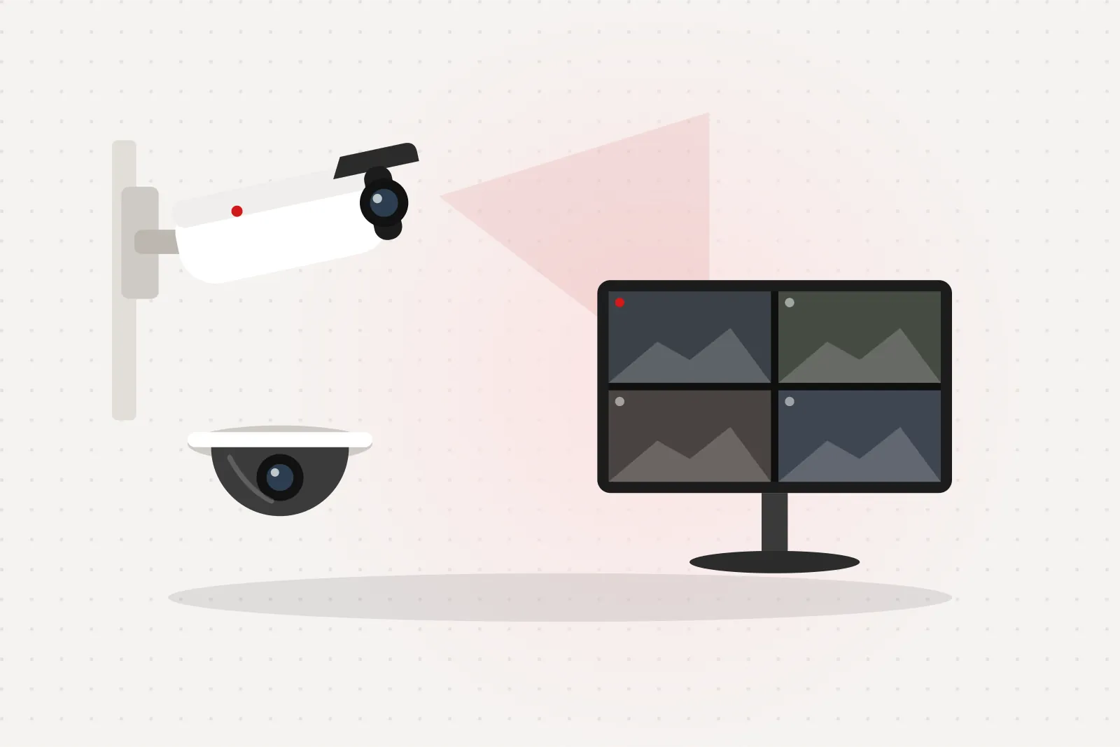 Illustration of security cameras and a monitor showing four camera views