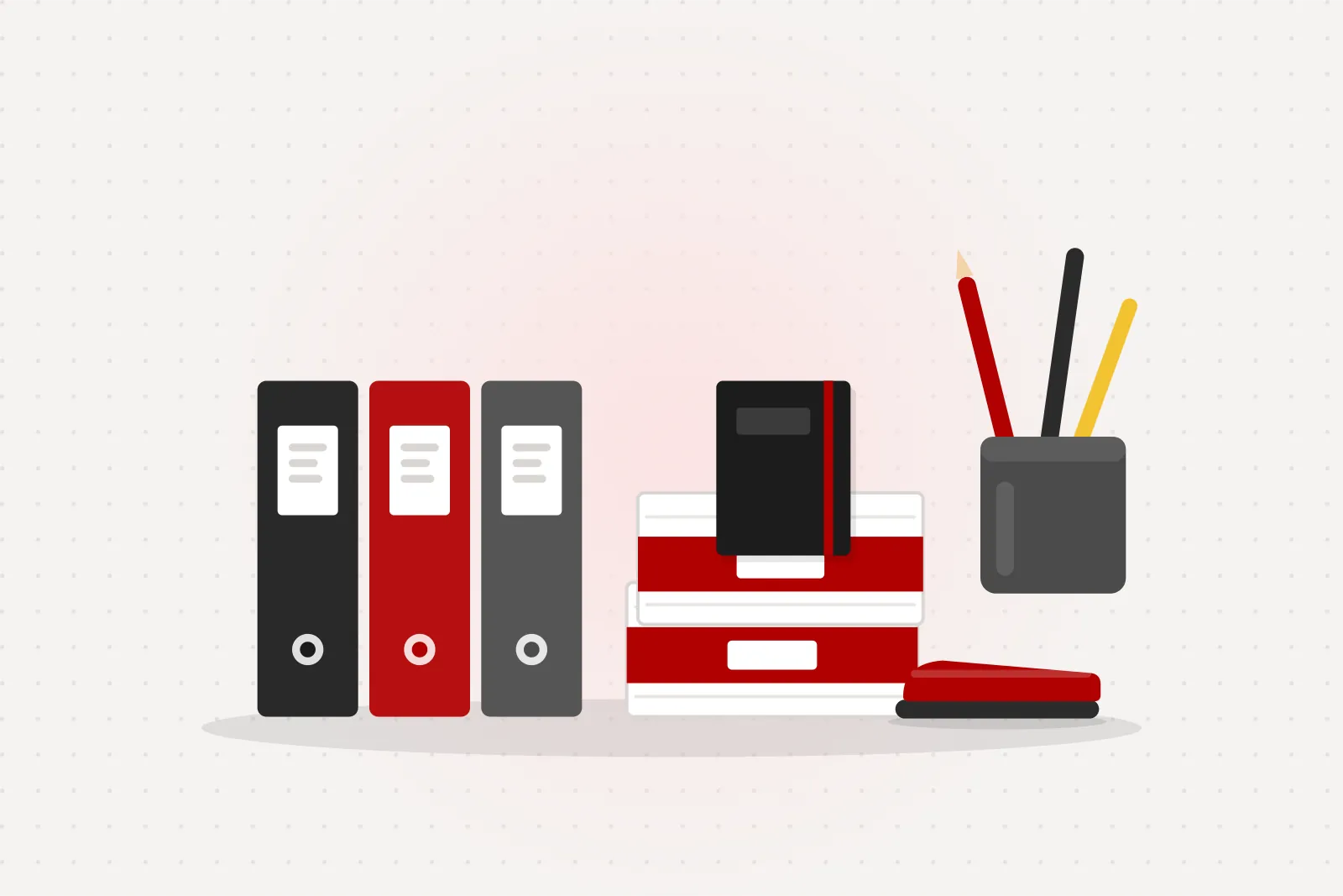 Illustration of binders, paper, pens, a notebook and a stapler