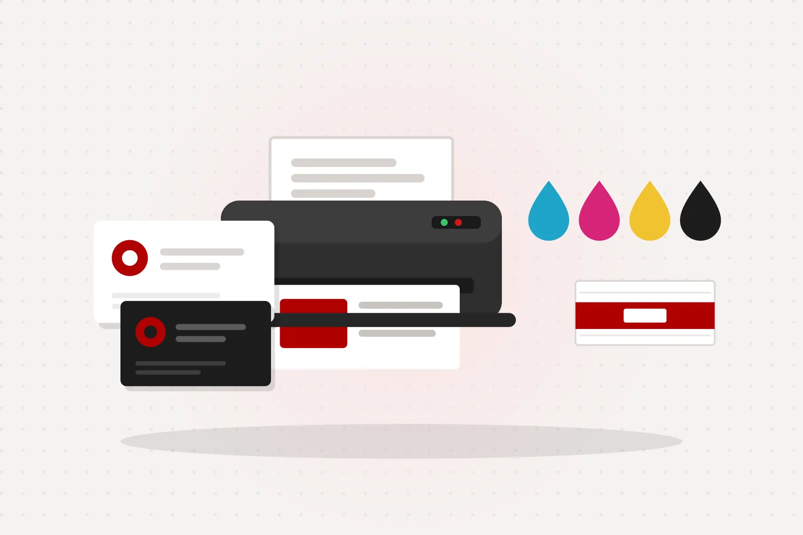 Illustration of a printer, ink drops, business cards and paper
