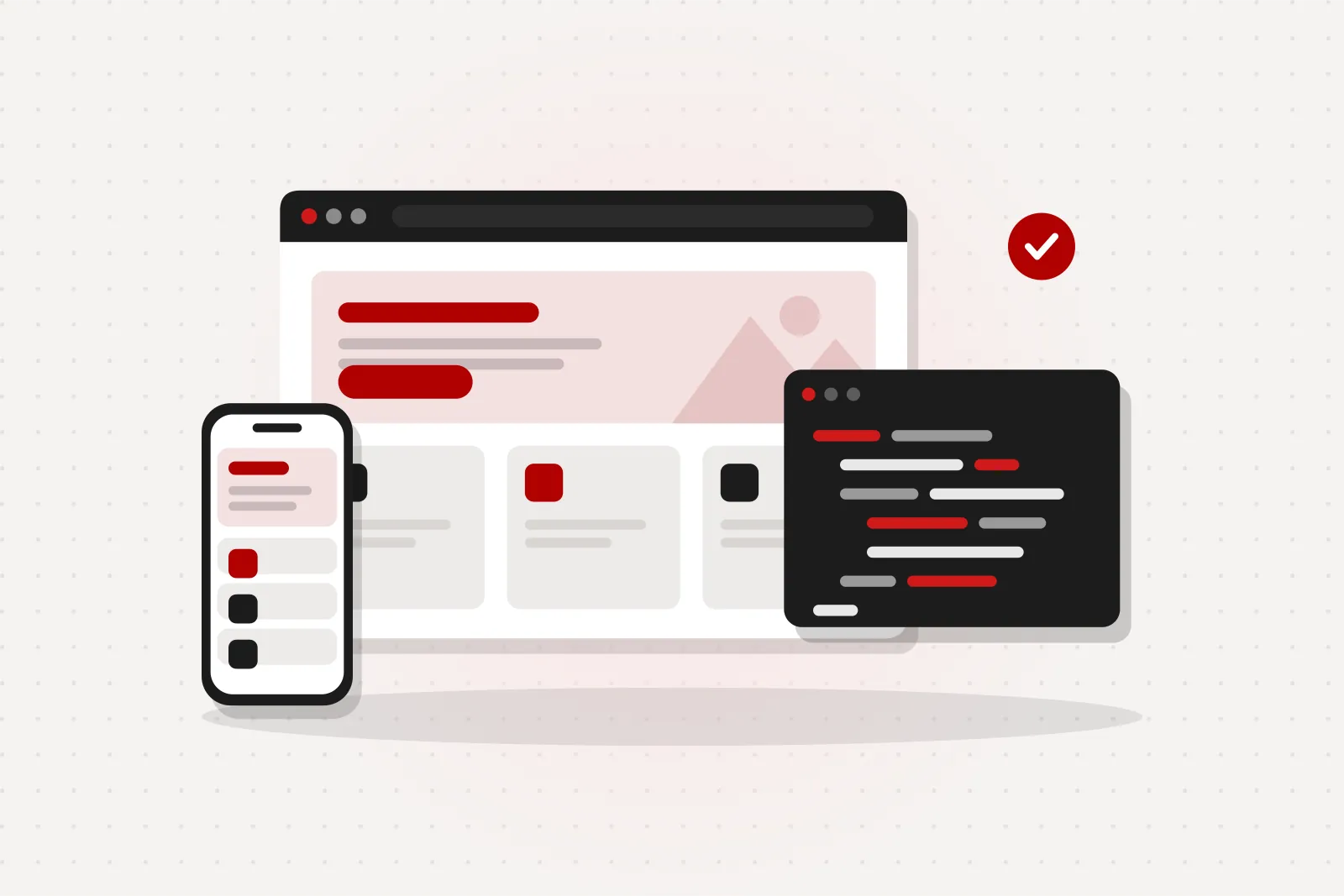 Illustration of a website, its code and a phone app